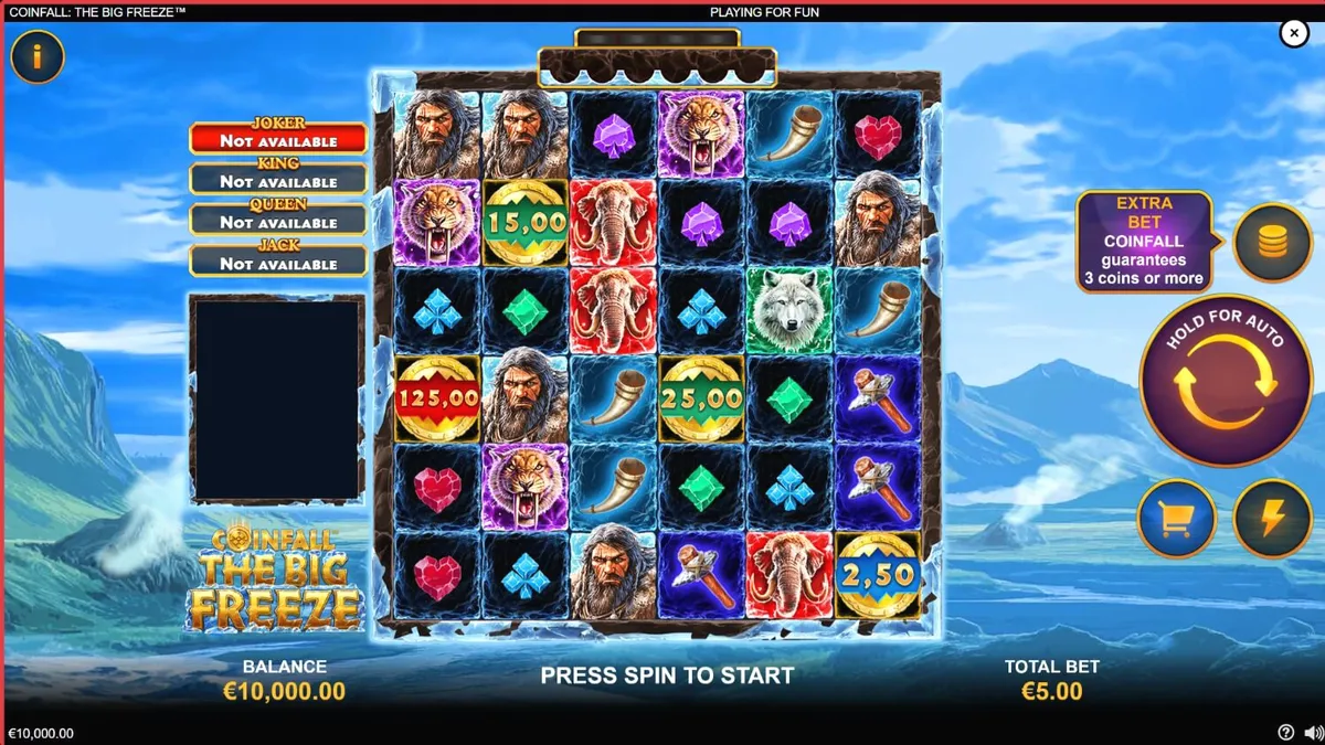 Tampilan visual slot Coinfall: The Big Freeze dengan tema zaman es dan simbol prasejarah.
