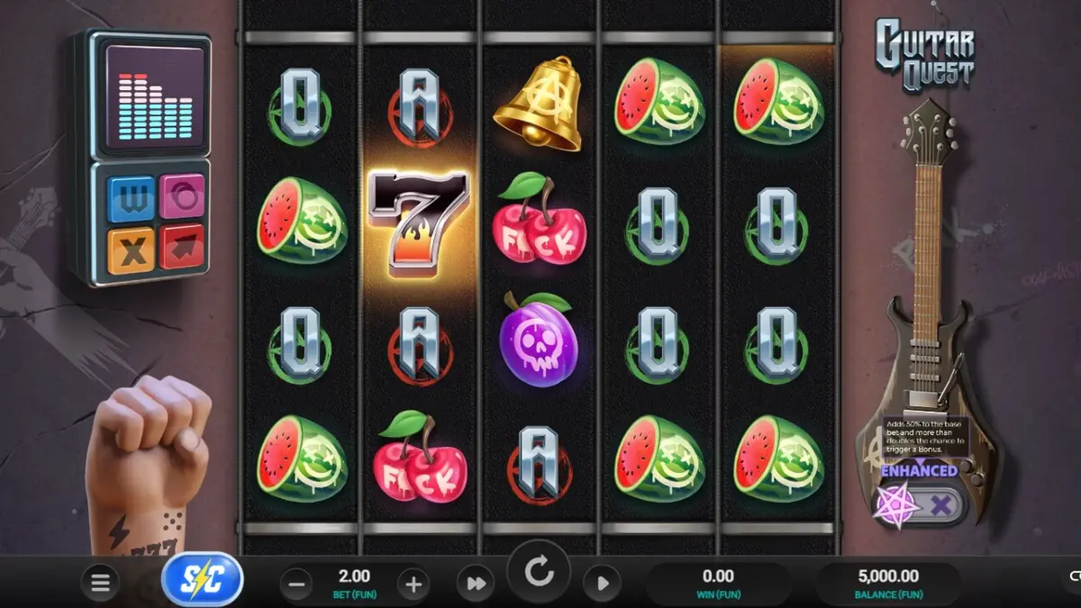 Tampilan layar permainan slot Guitar Quest pada perangkat seluler