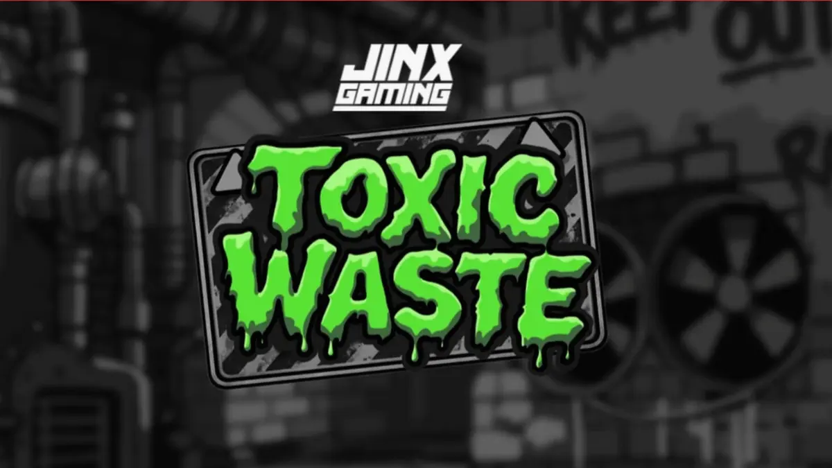 Tampilan visual neon dari slot Toxic Waste dengan simbol laboratorium dan cairan kimia.