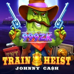 Tampilan visual slot Train Heist Johnny Cash dengan latar belakang kereta api Wild West
